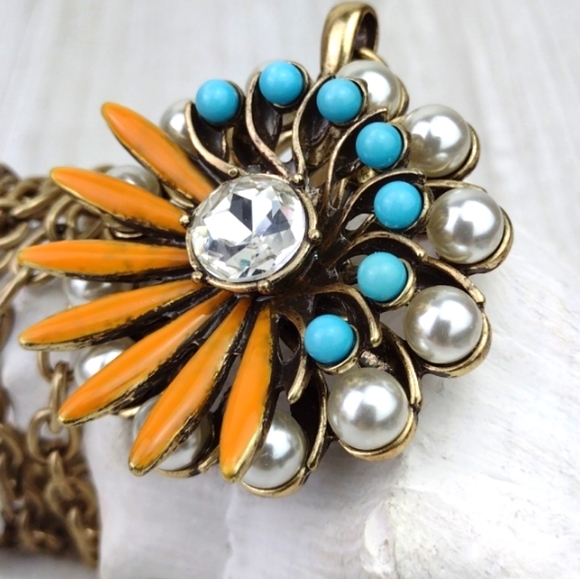 Cookie Lee Faux Pearl Turquoise & Coral Flower Pendant Choker Necklace - Picture 14 of 15